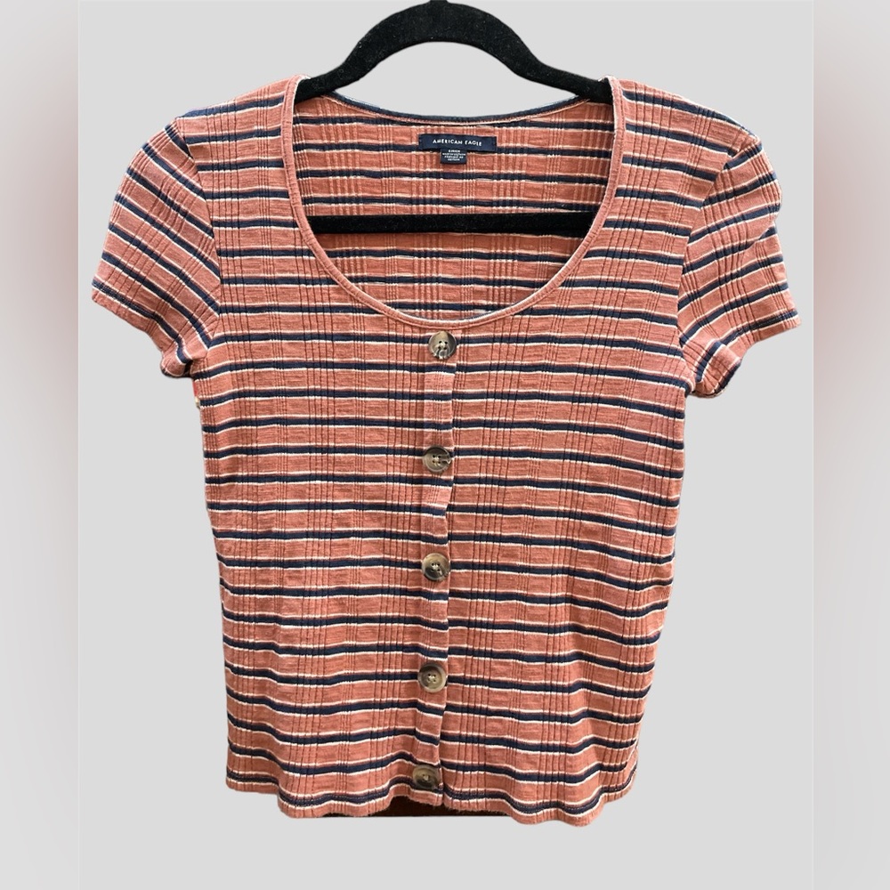 American Eagle Women’s Size S Red Short Sleeve Shirt with Navy Stripes